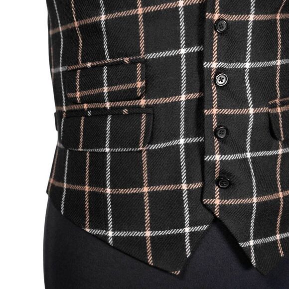 Mens Waistcoat Suit Lapel Vest 40R Black Beige Plaid Check Wool Formal Wedding - Picture 6 of 9